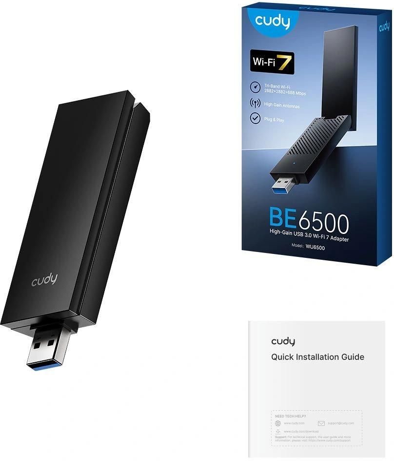 Адаптер беспроводной связи (Wi-Fi) CUDY BE6500 Tir-Band 7 USB 3 0 Adapter Tri-Band 7 USB 3.0 Adapter, 802.11be/ax/ac/a/b/g/n, 2880Mbps at 6GHz, 2880Mbps at 5Ghz, 688Mbps at 2.4GHz, USB 3.0