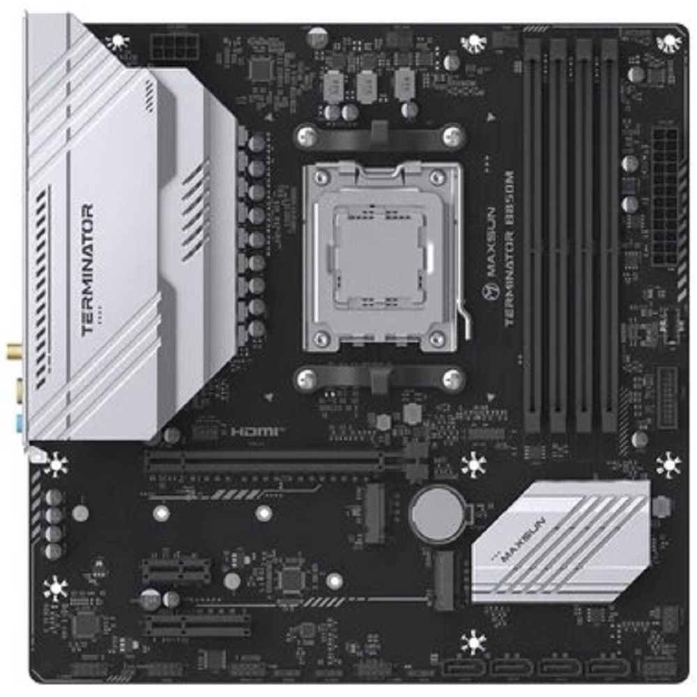 MAXSUN MS-Terminator B850M WIFI (Socket AM5, mATX, 4*DDR5(192Gb), DP/HDMI,  4*SATA3, 2*M.2,  1*PCIEx16/1*PCIEx4/1*PCIEx1, 4*USB2.0, 4*USB 3.0, 1*Type-C, LAN 1*2,5G, Bluetooth,  Wi-Fi 802.11ax, RTL)