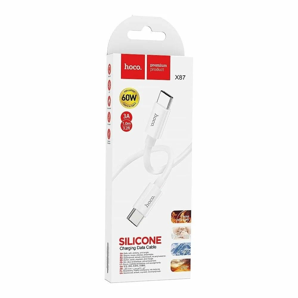 HOCO Кабель USB2.0 Hoco Type-C/Type-C, 3А, 60Вт, силиконовая оплетка, X87, 1м, белый, коробка