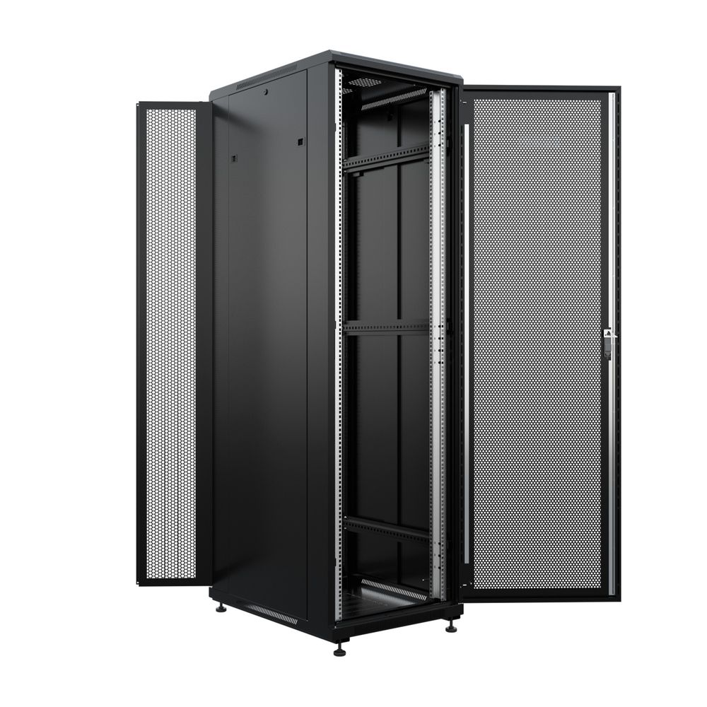 NTSS Шкаф напольный универсальный серверный NTSS R 42U 800х800мм, 4 профиля 19,  двери перфорированная и перфорированная двухстворчатая, боковые стенки съемные, регулируемые опоры, разобранный, черный