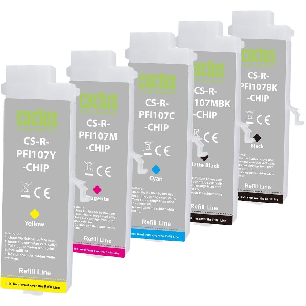 Картридж перезаправляемый струйный Cactus CS-R-PFI107SET-CHIP черный/черный матовый/голубой/желтый/пурпурный набор 5шт.упак. для Canon imageProGRAF iPF670/680/685/770/780/785 с чипом