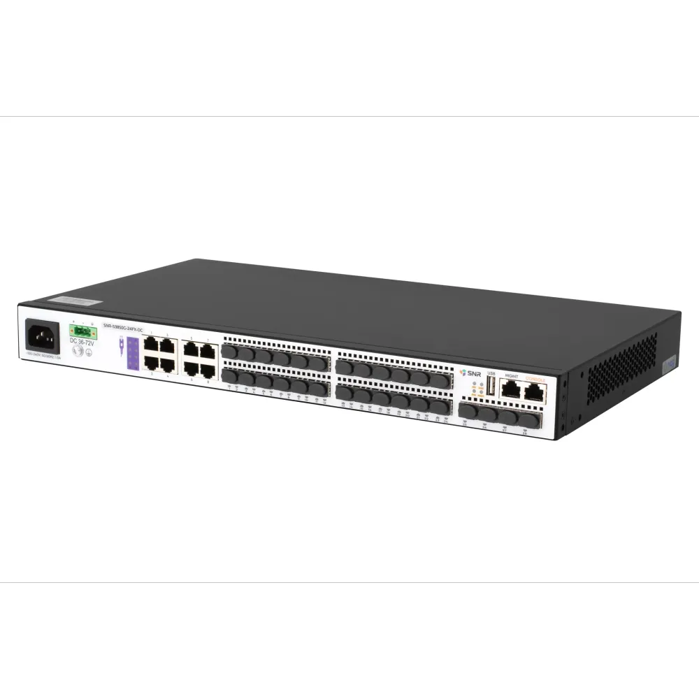 SNR SNR-S3850G-24FX-DC Управляемый коммутатор уровня 3, 16 портов 100/1000Base-X SFP, 8 портов Combo 10/100/1000Base-T|100/1000Base-X SFP, 4 порта 1/10G SFP+, RPS 36-72V DC