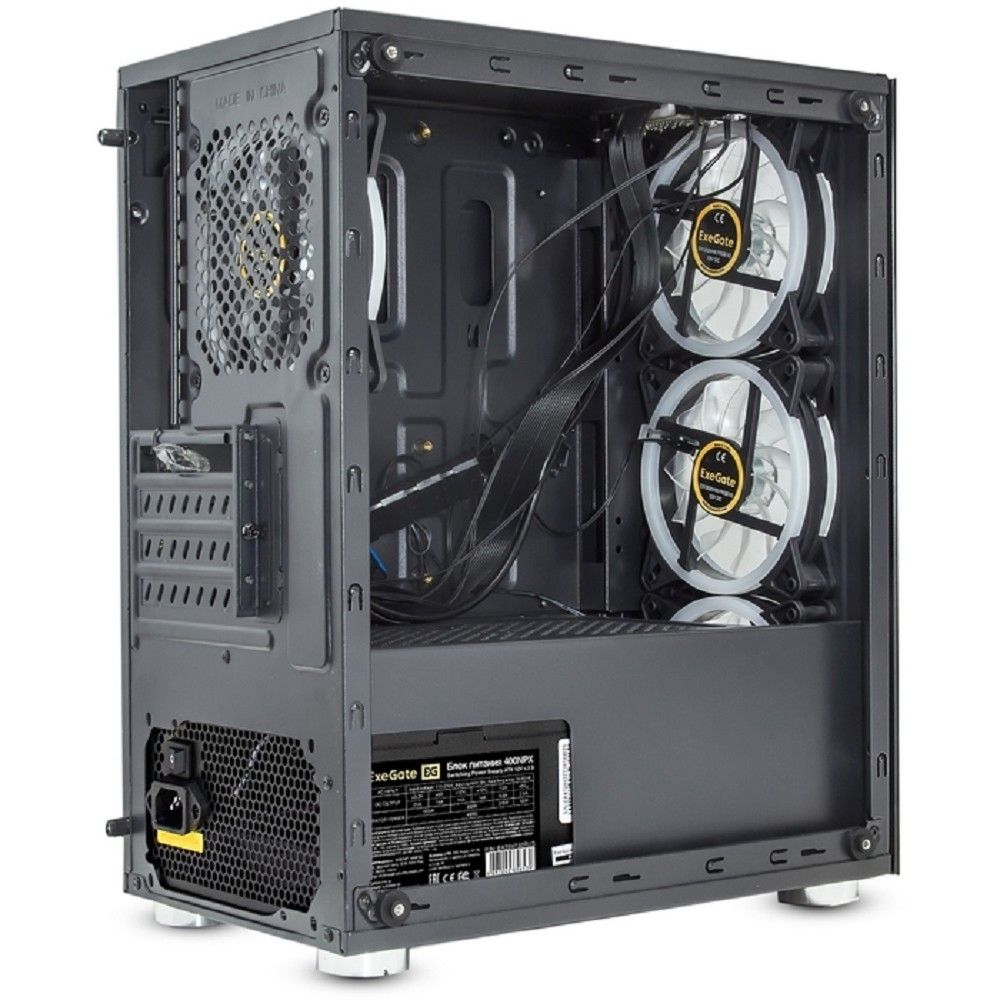 Exegate EX294480RUS Корпус Minitower Mistery X2-NPX400 (mATX, БП 400NPX с вент. 12 см, 2*USB+1*USB3.0, аудио, черный, 4 вент. 12см с RGB подсветкой, боковая панель - закаленное стекло)