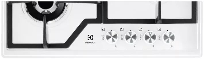 Встраиваемые газовые панели ELECTROLUX/ газовая на 4 конфорки, эмалированная сталь белого цвета, мощность: 8800 Вт, автоматический электроподжиг, газ-контроль, решетки: чугун, независимая установка, размеры (ШхГ): 59.5x51 см