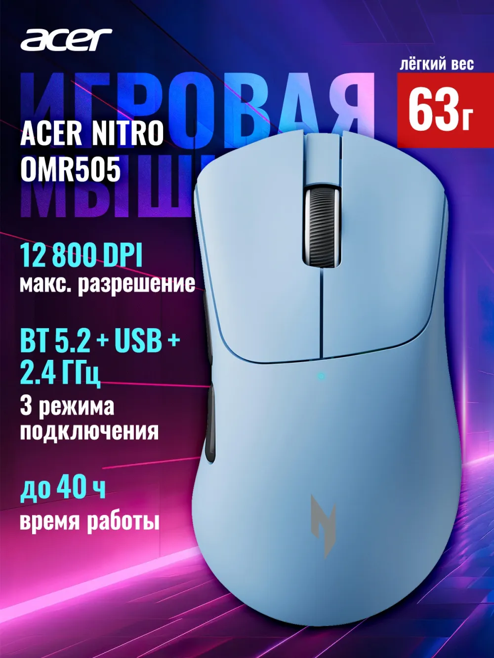 Мышь Acer Nitro OMR505 голубой оптическая 12800dpi беспров. BT/Radio USB 5but (ZL.MCE11.01F)