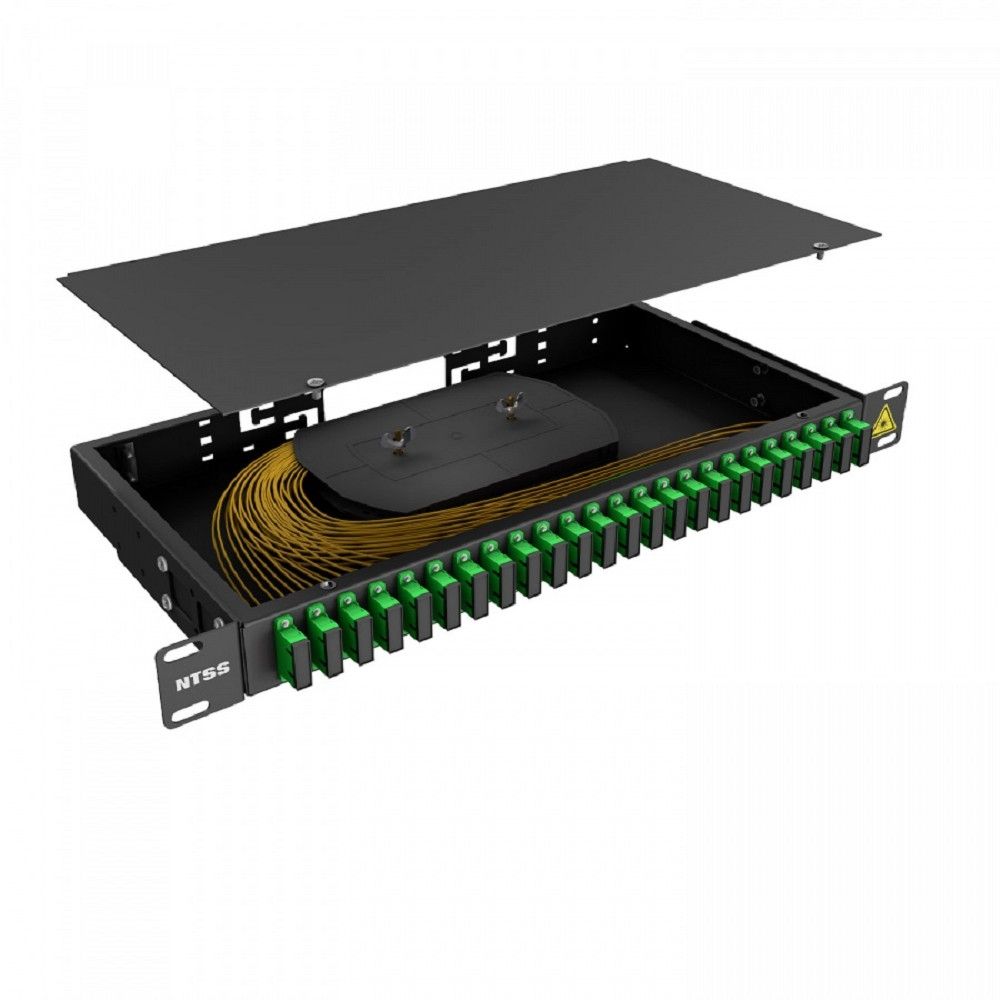 NTSS Кросс 19" NTSS PREMIUM, предсобранный 1U, 24 порта SC/APC duplex, 9/125 мкм, (сплошная панель, розетки, сплайс, КДЗС, пигтейлы), черный, RAL9005 NTSS-RFOB-PM-1U-24-2SC/A-9-SP1.5G0A-BL