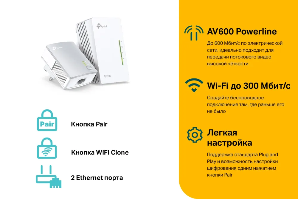 Сетевой адаптер HomePlug AV TP-Link TL-WPA4220 KIT AV600 Fast Ethernet