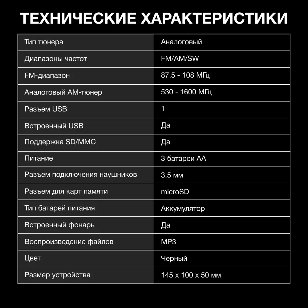 Радиоприемник портативный Hyundai H-PSR140 черный USB microSD