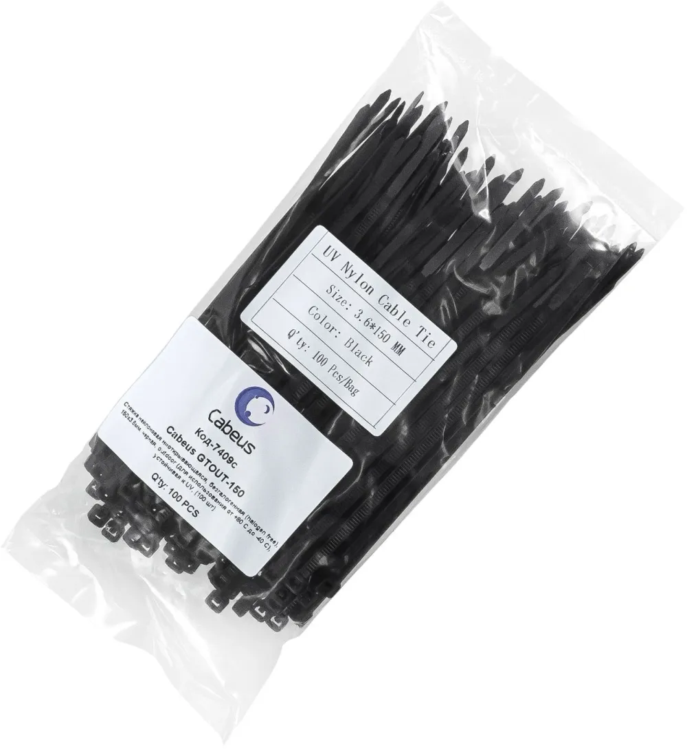 Cabeus GTOUT-150 Стяжка нейлоновая неоткрывающаяся, безгалогенная (halogen free), 150x3.6мм, черная, outdoor (для использования от -40 до +85 C), устойчивая к UV, (100 шт)
