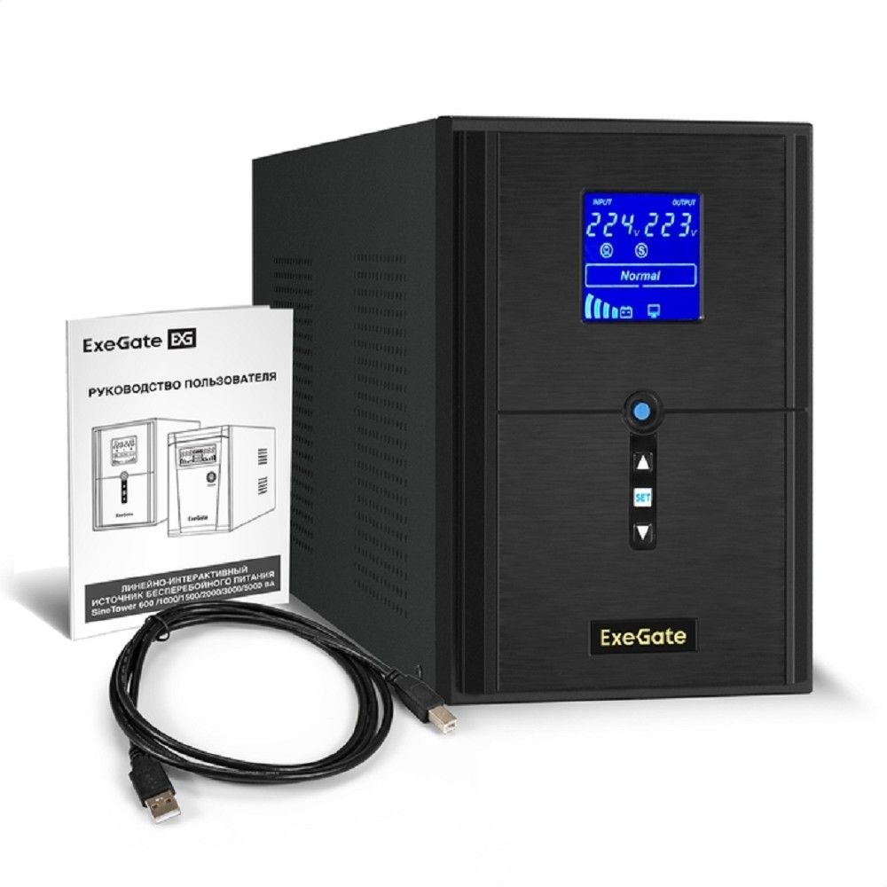 Exegate EX295983RUS ИБП (инвертор, синус, для котла) ExeGate SineTower SN-2000.LCD.AVR.3SH.1C13.RJ.USB <2000VA/1600W, чистая синусоида, LCD дисплей, AVR, 3*Schuko+1*C13, RJ45/11, USB, линейно-интеракт