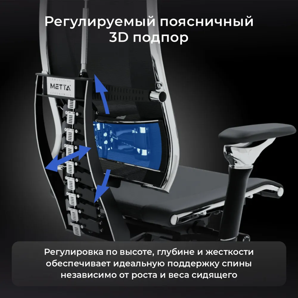Кресло руководителя эргономичное Метта Yoga Spine Triumph B2 (Черный CC.50.15.13A) Infinity Easy Clean экокожа/сетка с подголов. крестов. алюминий хром