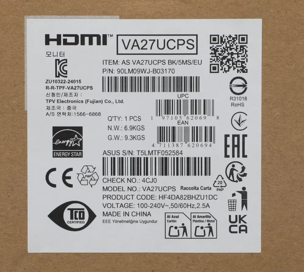 ASUS LCD 27" VA27UCPS {IPS 3840x2160 60Hz 5ms(GTG) HDR10 350cd 1000:1 HDMI DisplayPort 4xUSB3.2 USB-C(65W) 2x2W HAS Pivot} [90LM09WJ-B03170]