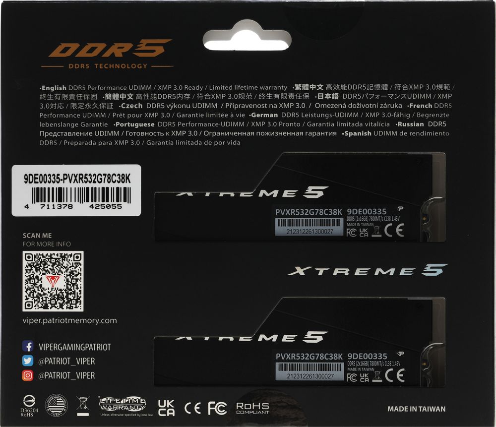 Память DDR5 2x16Gb 7800MHz Patriot PVXR532G78C38K Viper XTREME RGB RTL Gaming PC5-62400 CL38 DIMM 288-pin 1.45В с радиатором Ret