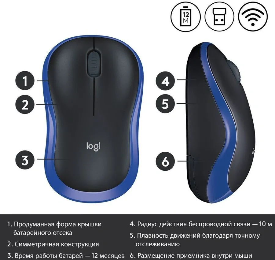 Мышь беспроводная Logitech M185 Blue синяя, оптическая, 1000dpi, 2.4GHz, USB-ресивер Logitech Unifying®, {10} (028852)