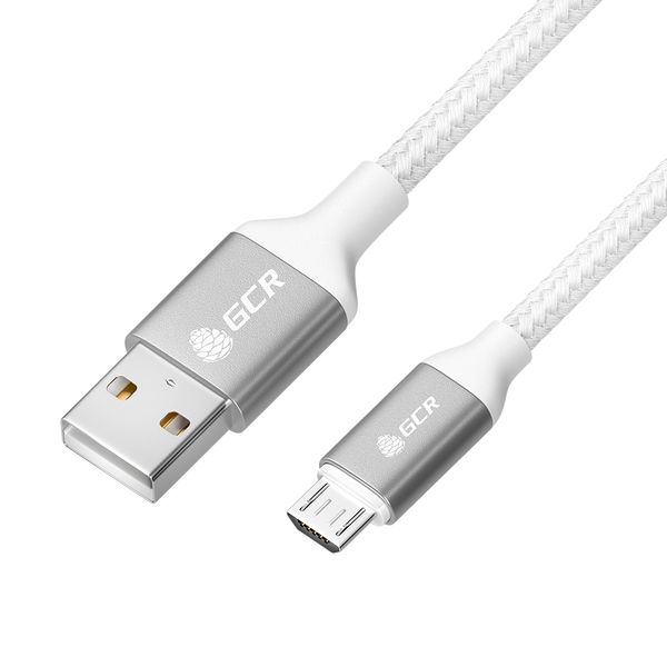 GCR PRO QC Кабель 1.0m MicroUSB, быстрая зарядка, белый, в оплетке нейлон, AL корпус серебро, 28/24 AWG, медь