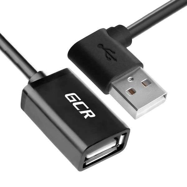 GCR Удлинитель 1.0m USB AM угловой левый/AF, черный, 28/24 AWG, медь, морозостойкий