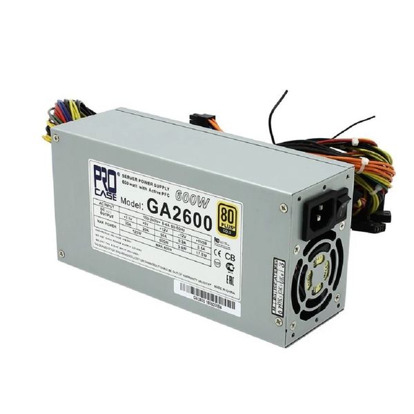 Procase GA2600 Блок питания ATX 2U  2FAN (600W), 80+ Gold, 200*100*70mm, Активный PFC,  +5B=20A, +12B=50A, +3,3B=20A, 5VSB=3.5A, -12B=0.3A, Защита от перегрузки 105-150%, Входное напряжение 160-240В