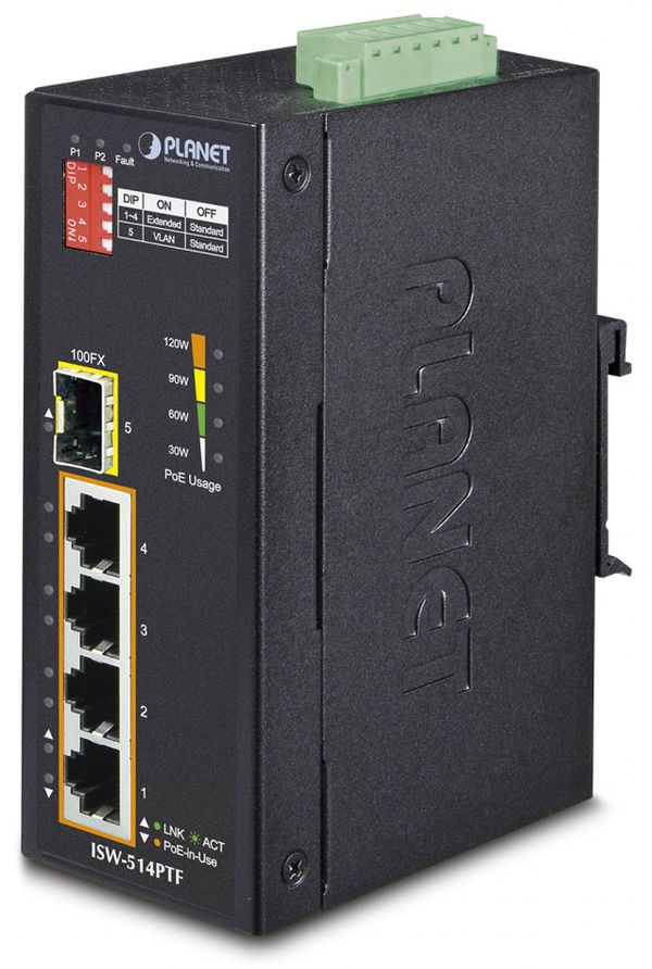 ISW-514PTF индустриальный PoE коммутатор для монтажа в DIN-рейку/ IP30 4-Port/TP + 1-Port Fiber(SFP) POE Industrial Fast Ethernet Switch (-40 to 75 C)