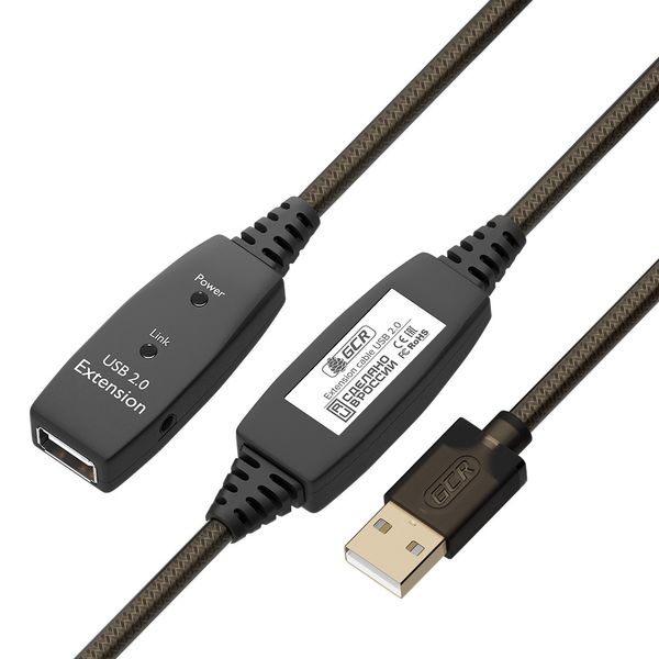 GCR PRO Удлинитель активный 15.0m USB 2.0 AM/AF, GOLD, черно-прозрачный, медь, с 2-мя усилителями сигнала Premium,разъём для доп.питания, 24/22 AWG