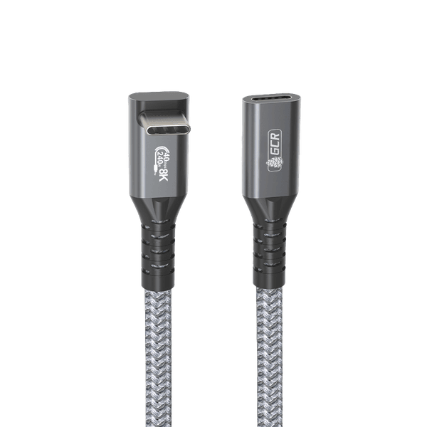 GCR PRO Удлинитель USB4 Type-C, 0.2m, угловой, 40Gbps, 240W, 8K60Hz, M/F, медь, Г-образный верх-низ, в оплетке текстиль, серый